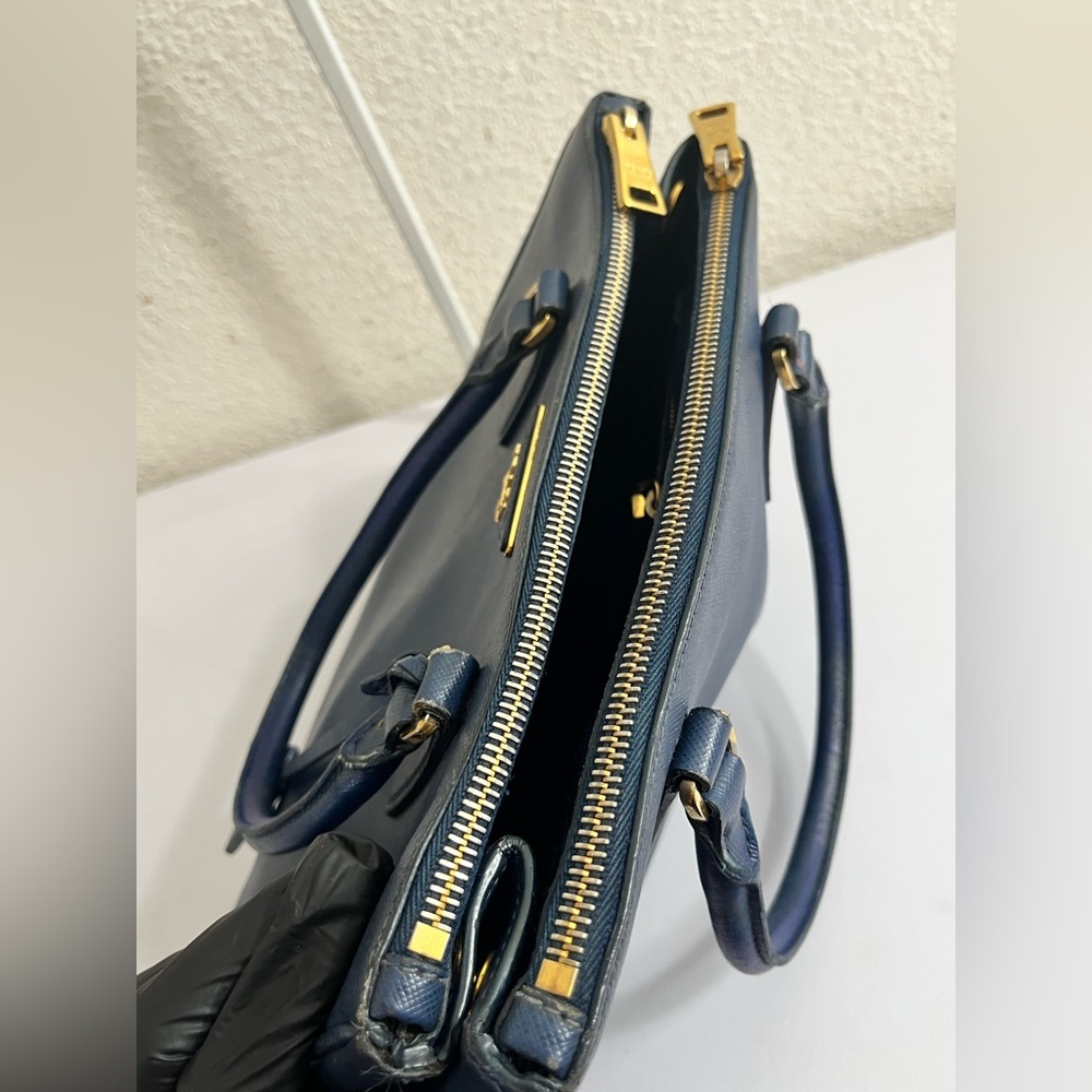 Prada Navy Saffiano Leather Double-Handle Satchel with Gold Hardware - Picture 6 of 16